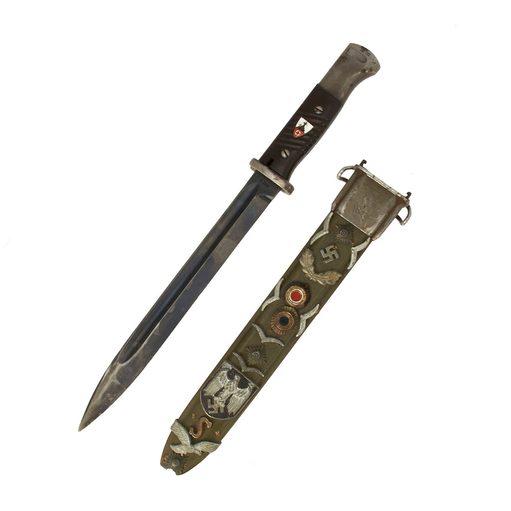 Original German WWII Modified 98k 1939 dated Bayonet by Jetter & Scheerer in USGI Decorated U.S. M7 Scabbard Original Items
