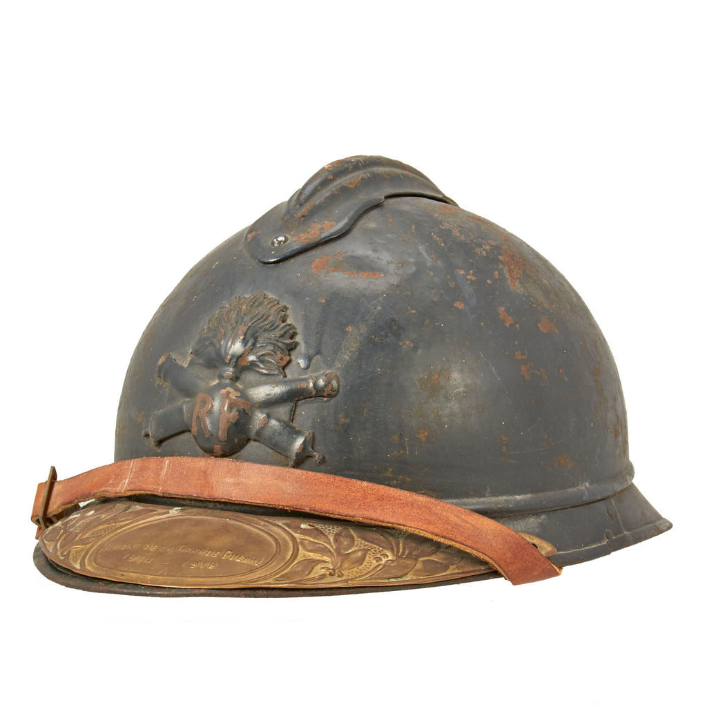 Original French M1915 Adrian Infantry Helmet with Soldat De La Grande Guerre 1914-1918 Brass Plate Original Items