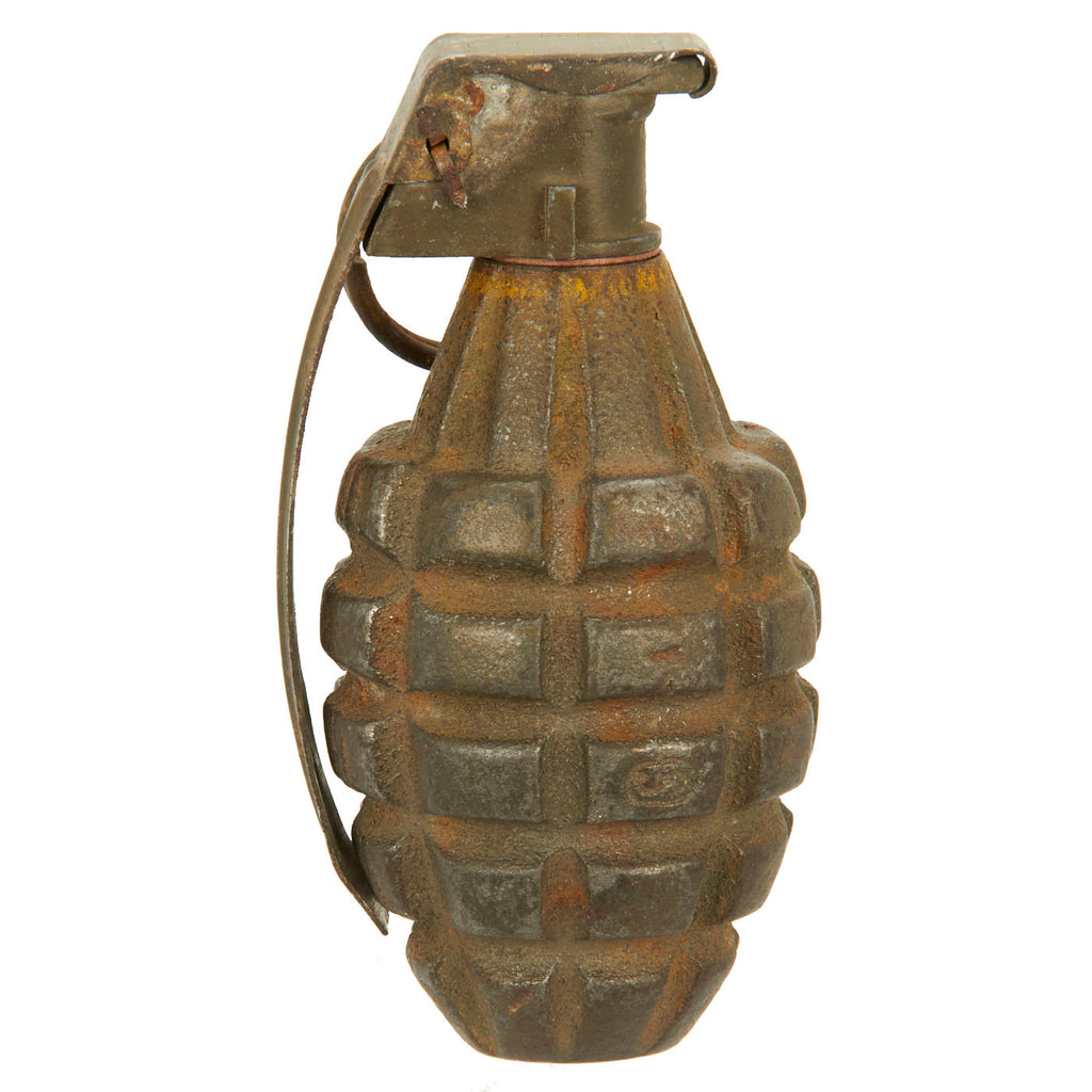 Original U.S. WWII Inert MkII Pineapple Grenade with Yellow Ring & Fuze Original Items