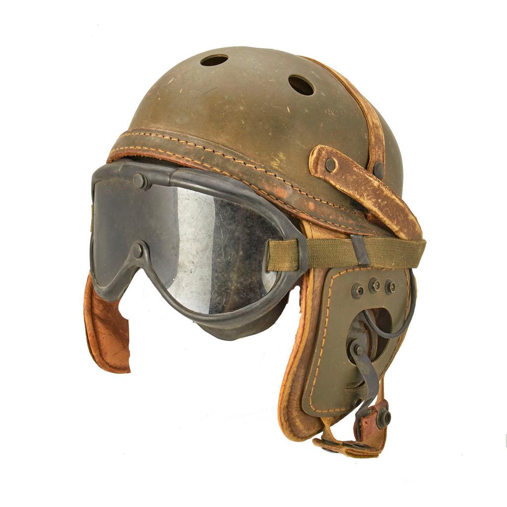 Original U.S. WWII Officer-Named M38 Tanker Helmet by Sears with Earphones and Polaroid Model 1944 Goggles Original Items