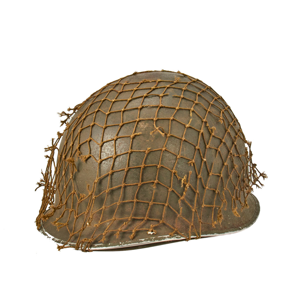 Original U.S. WWII 1943 M1 McCord Fixed Bale Helmet with Painted Invasion Stripe & Net - with RARE Hood Rubber Co. Liner Original Items