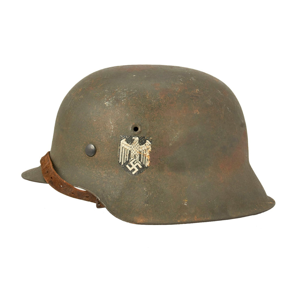 Original German WWII M42 Single Decal Army Heer Helmet with 58cm Liner & Chinstrap - stamped EF66 Original Items