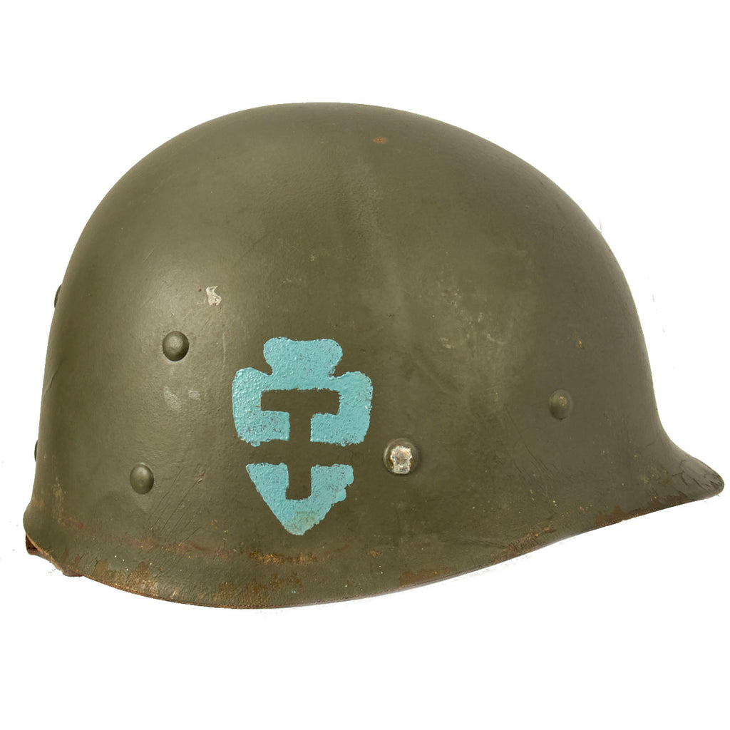 Original U.S. WWII Named 36th Division M1 Fixed Bale Helmet with Unit Marked Liner-Named Original Items