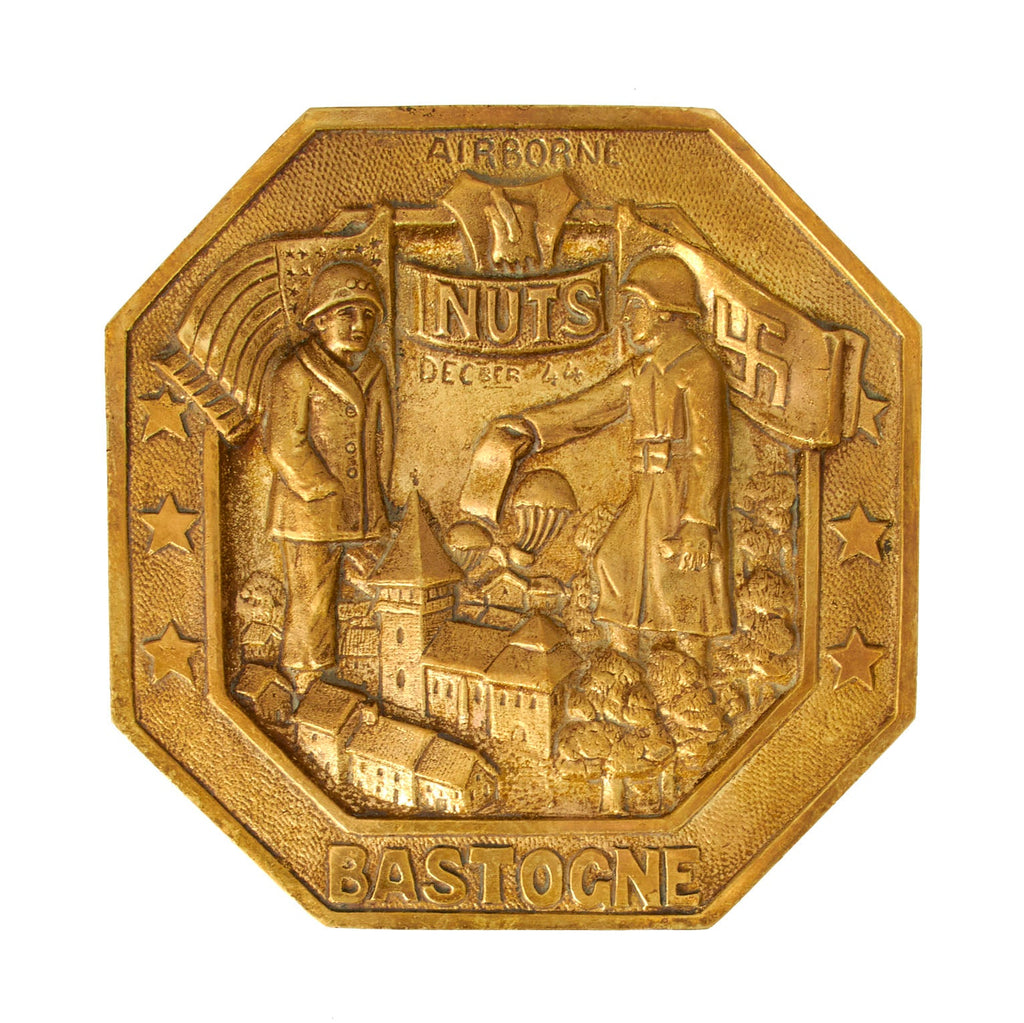 Original WWII U.S. 101st Airborne Battle of the Bulge Brass NUTS Plaque - Bastogne 1944 Original Items