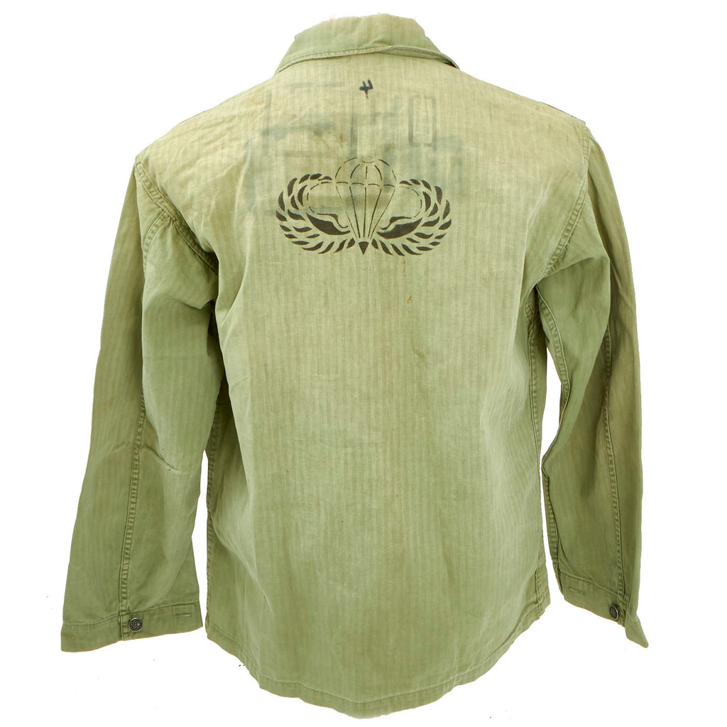 Original U.S. WWII US Army Second Pattern Herringbone Twill HBT Uniform Top With Airborne Stencil on the Back and Named Pocket Bible Original Items