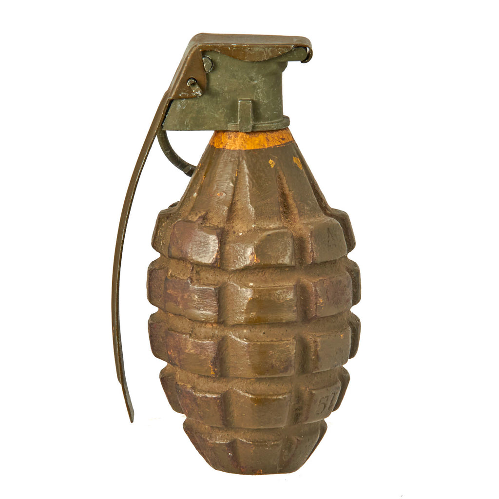Original U.S. WWII Inert MkII Pineapple Grenade with H.E. Yellow Ring & Fuse Original Items