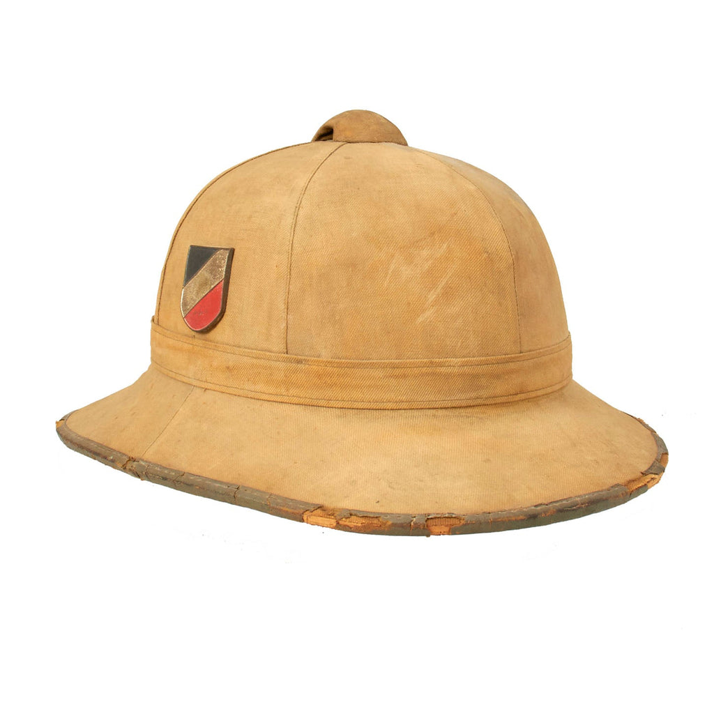 Original German WWII Service Worn First Model DAK Afrikakorps Sun Helmet with Badges Original Items