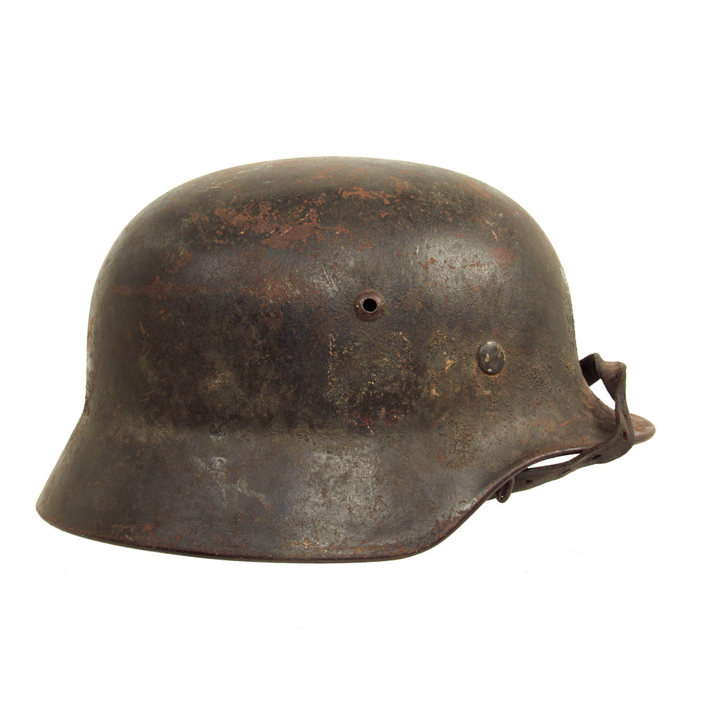 Original German WWII Army Heer M35 Double Decal Overpaint Camouflage Helmet with 56cm Liner & Chinstrap - Q64 Original Items