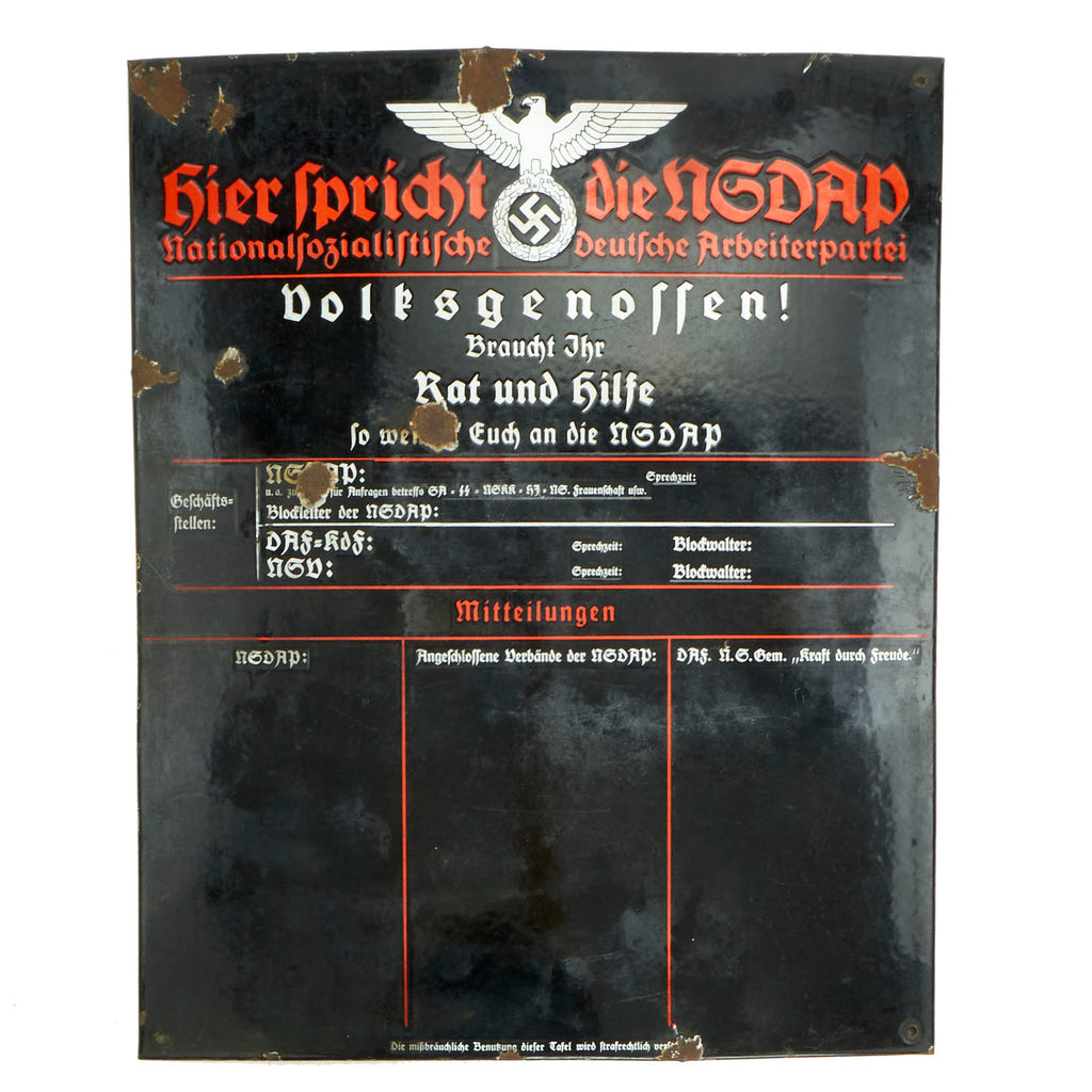 Original German WWII Enameled Steel "Sign der NSDAP" Public Announcement Board - Emailleschild Original Items
