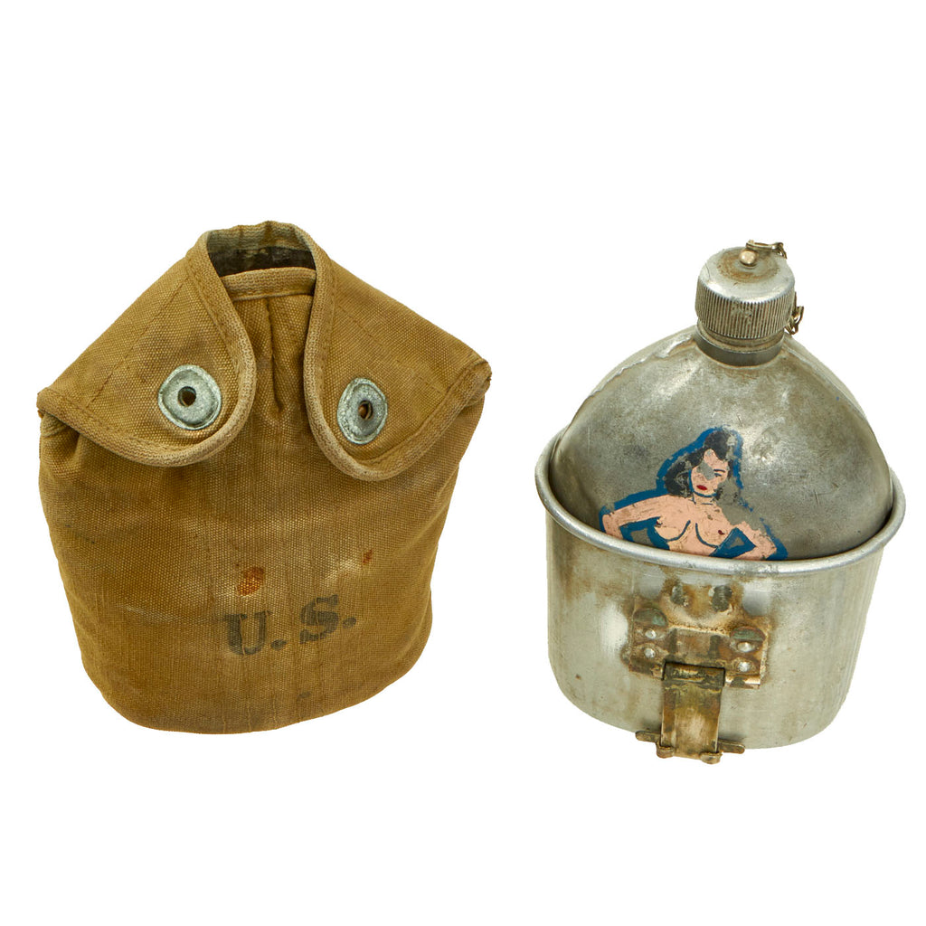 Original U.S. WWII Named M-1910 Canteen Personalized With Painted Pinup Girl with Cup and M-1917 Dismounted Cover - All 3 Items Named To T/Sgt Leslie R. Miller Original Items