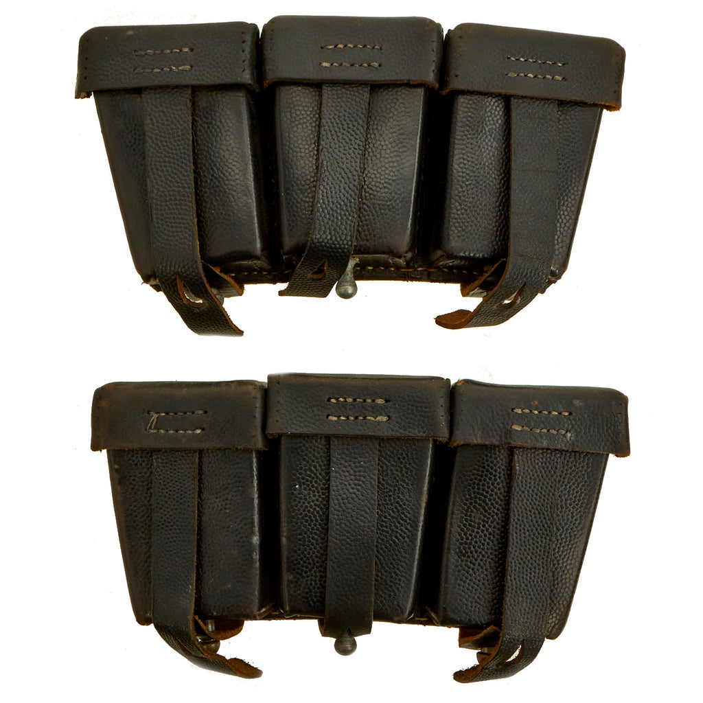 Original German WWII Matched Set of Two Black Leather Mauser 98k Triple Pouches by Kurt Seidel of Berlin Original Items