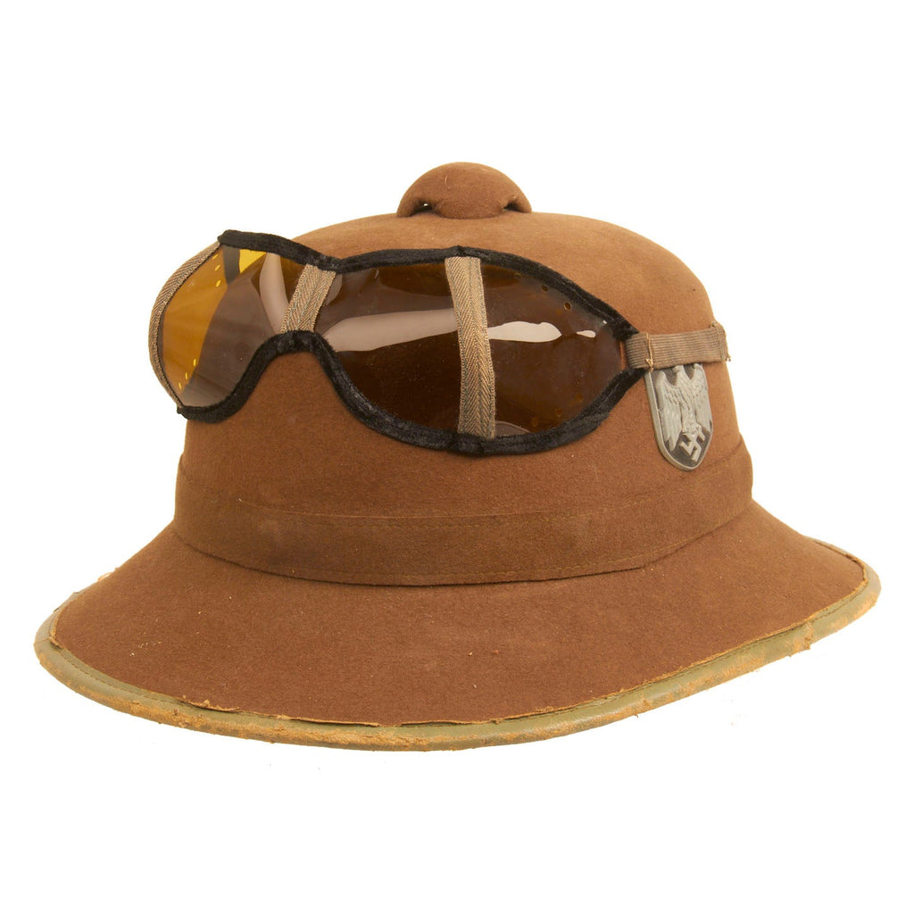 Original German WWII 2nd Model 1942 dated Afrikakorps DAK Sun Helmet by JHS with Badges & Dust Goggles - size 57 Original Items