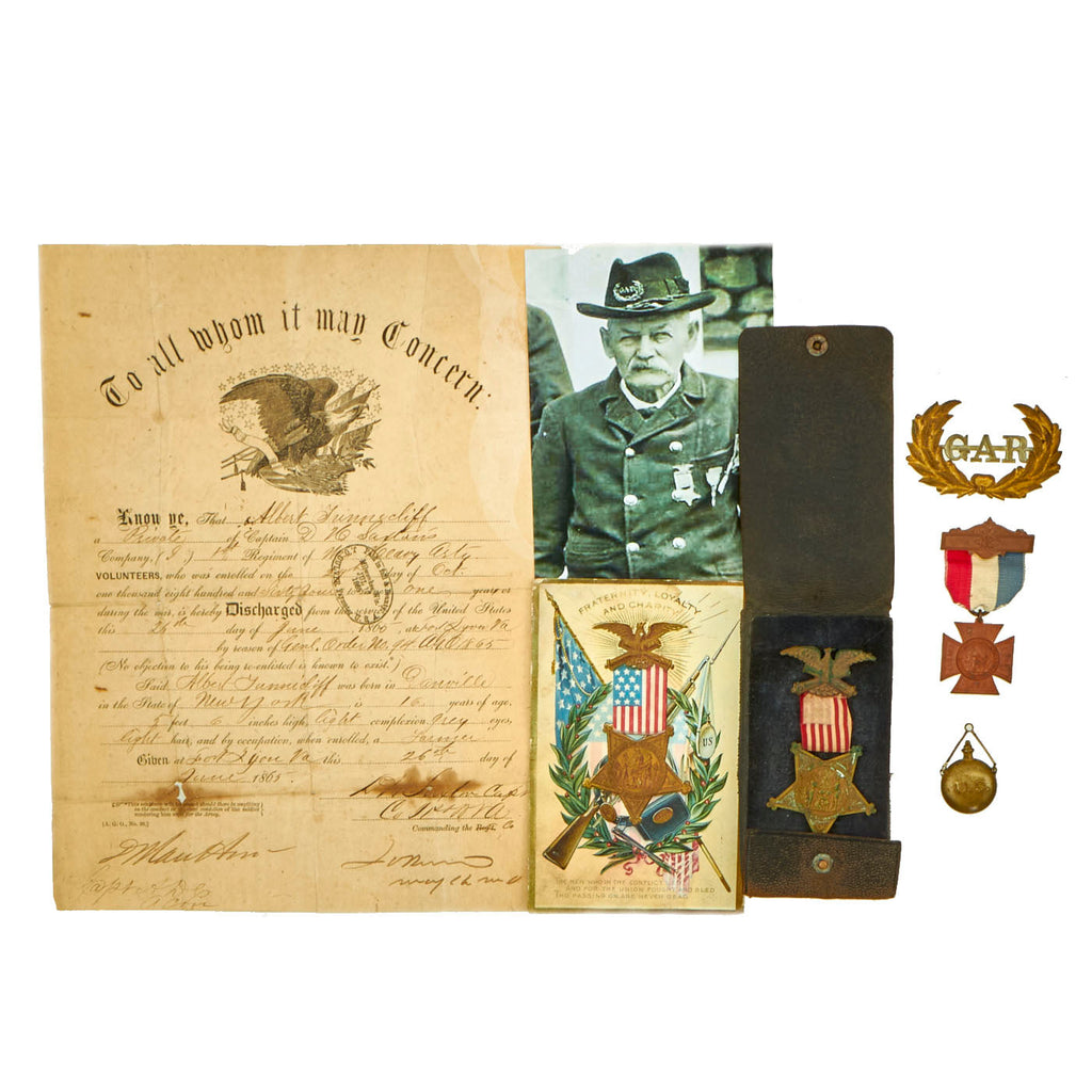 Original U.S. Civil War Grand Army of the Republic Medal Grouping With Civil War Discharge Document of Young Man From Deadwood - 5 Items Original Items