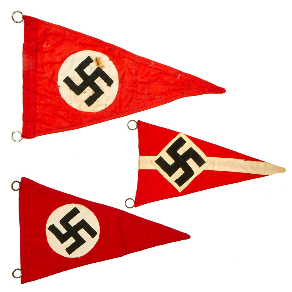 Original German WWII Set of Three Vehicle Pennant Flags - Two NSDAP and One HJ Youth Organization Original Items