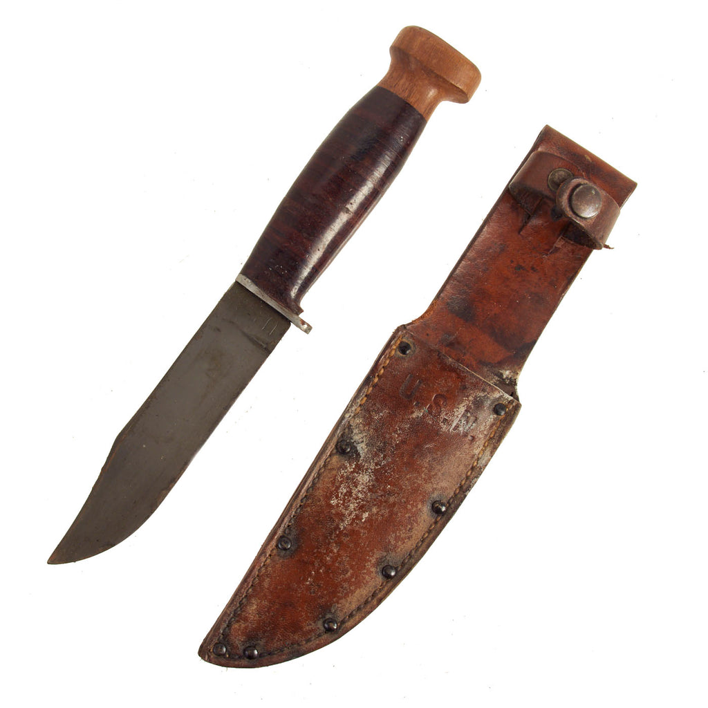 Original U.S. WWII USN Mark 1 RH Pal 35 Fighting Knife with Wood Pommel and Leather Scabbard Original Items
