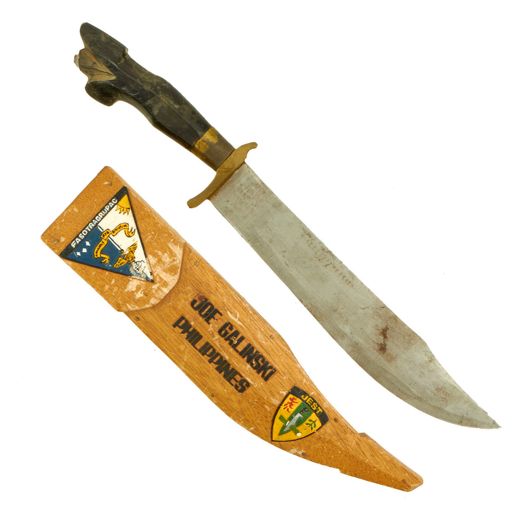 Original U.S. Vietnam War Named Custom Bowie Knife Machete with Scabbard marked to J.E.S.T. Camp in the Philippines Original Items