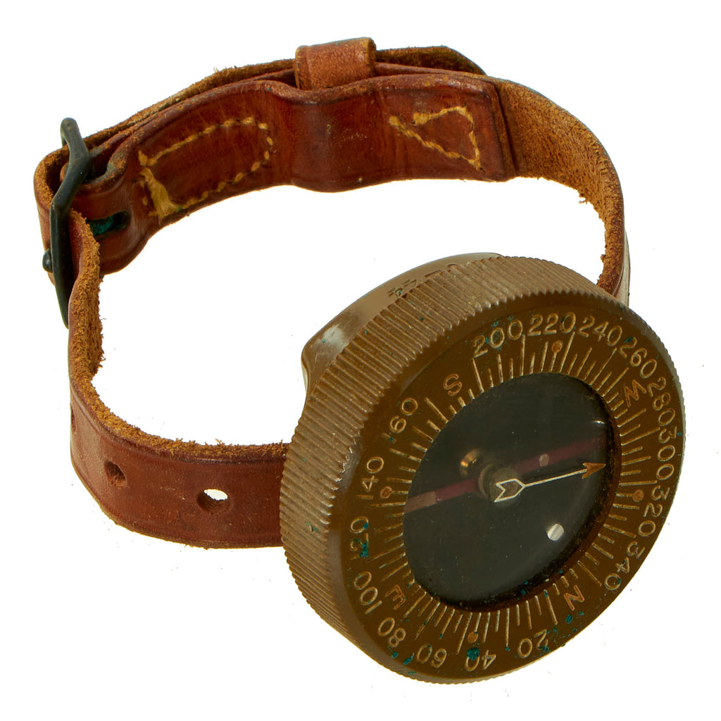 Original U.S. WWII Paratrooper Wrist Compass by Superior Magneto Corporation with Leather Wristband - Dated June 1944 Original Items