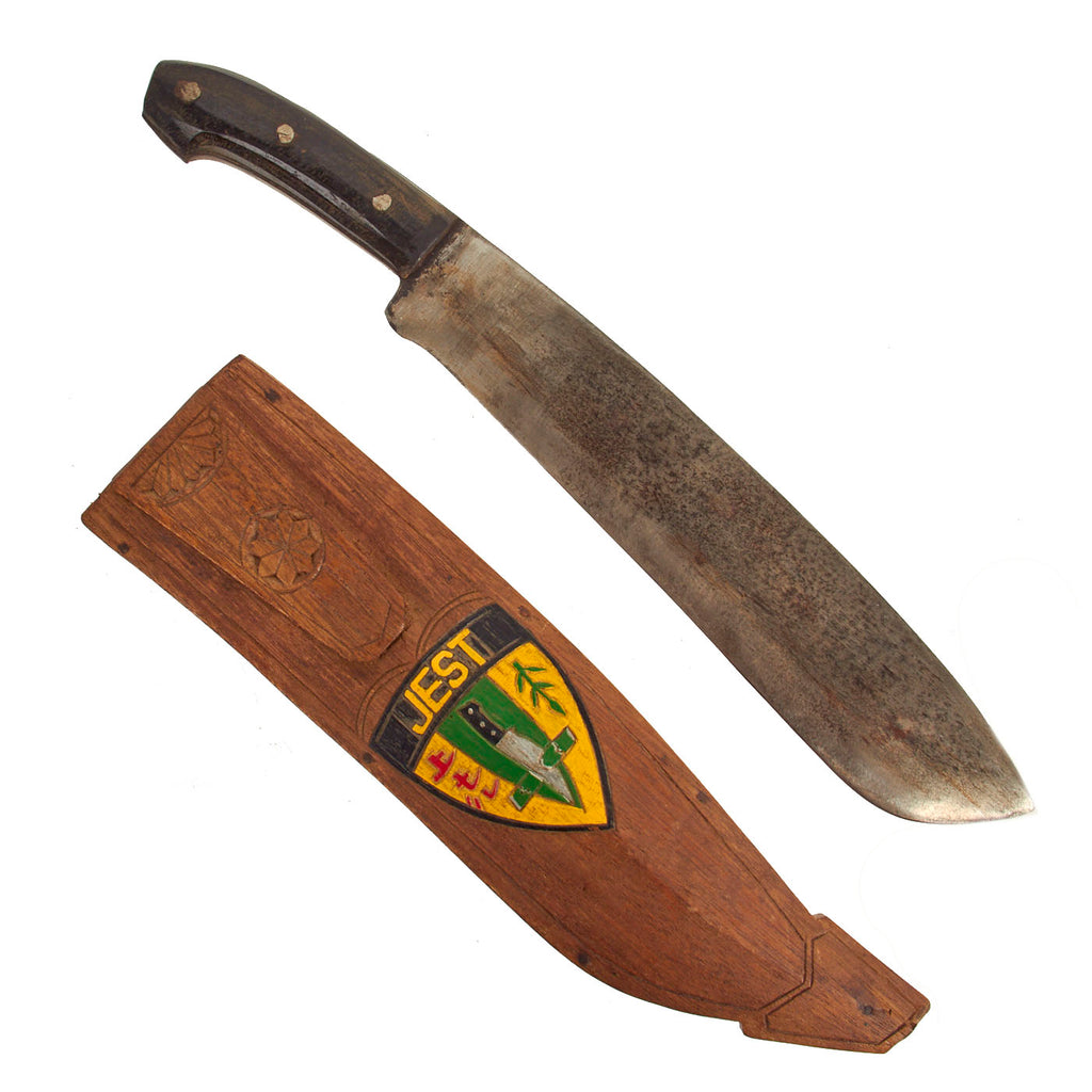 Original U.S. Vietnam War Custom Bolo Knife with Scabbard marked to Jungle Environment Survival Training Camp in the Philippines Original Items