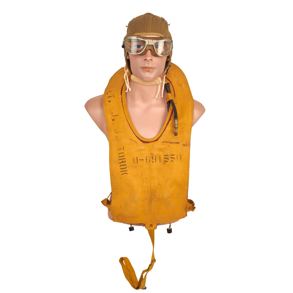 Original U.S. WWII USAAF Named Mae West Pneumatic Life Vest With USNR Named AN-6530 Goggles and Unissued Type A9 Flight Helmet Original Items