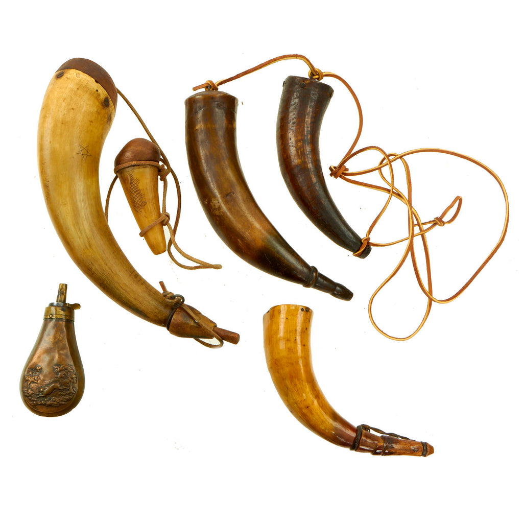 Original 19th Century Powder Horn and Powder Flask Lot For Muzzle Loading Firearms - 5 Items Original Items