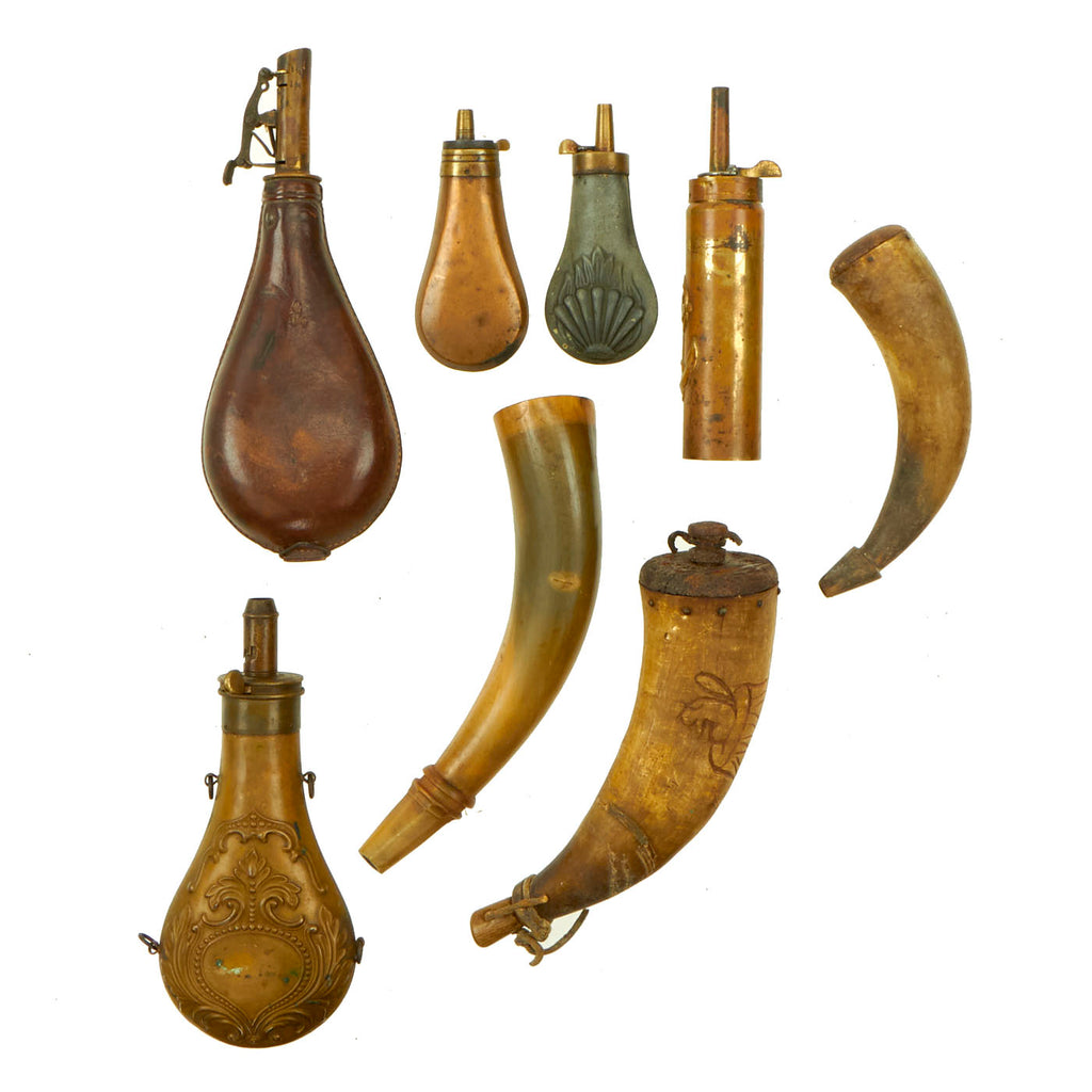 Original U.S. Civil War Shot and Powder Flask Lot by AM Flask & Cap Co With Horns - 8 Items Original Items