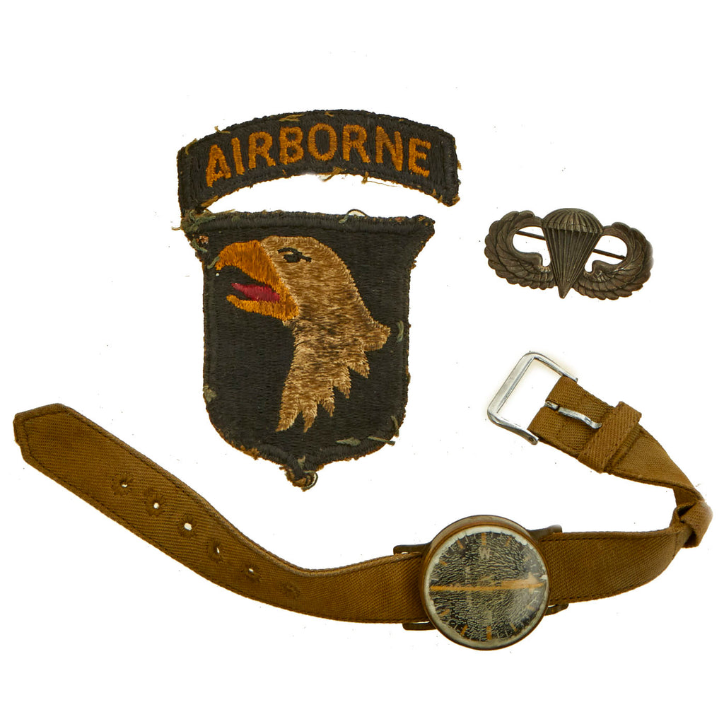 Original U.S. WWII 101st Airborne Division “Old Abe” Screaming Eagle Shoulder Sleeve Insignia With Waltham Wrist Compass and Parachutists “Jump” Wings - 3 Items Original Items