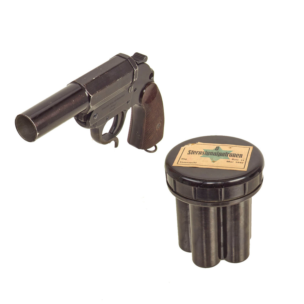 Original German WWII Walther LP 34 Heer Signal Flare Pistol with Bakelite Green Star Cartridge Canister - Dated 1940 & 1941 Original Items