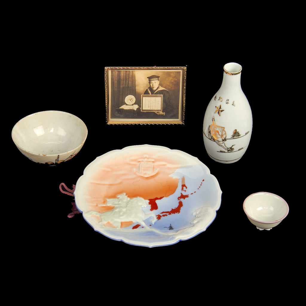 Original Japan WWII Imperial Japanese Navy Sake Grouping Featuring Picture Of Sailor With Plate From Grouping - 5 Items Original Items