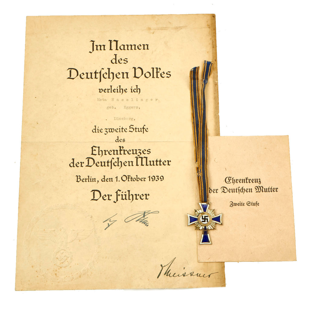 Original German WWII 2nd Class Silver Mother’s Cross with Named Award Document and Packet Original Items