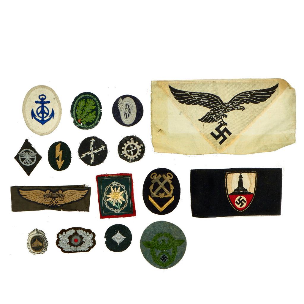 Original German WWII Cloth Armband, Patch and Badge Insignia Lot - 16 Items Original Items