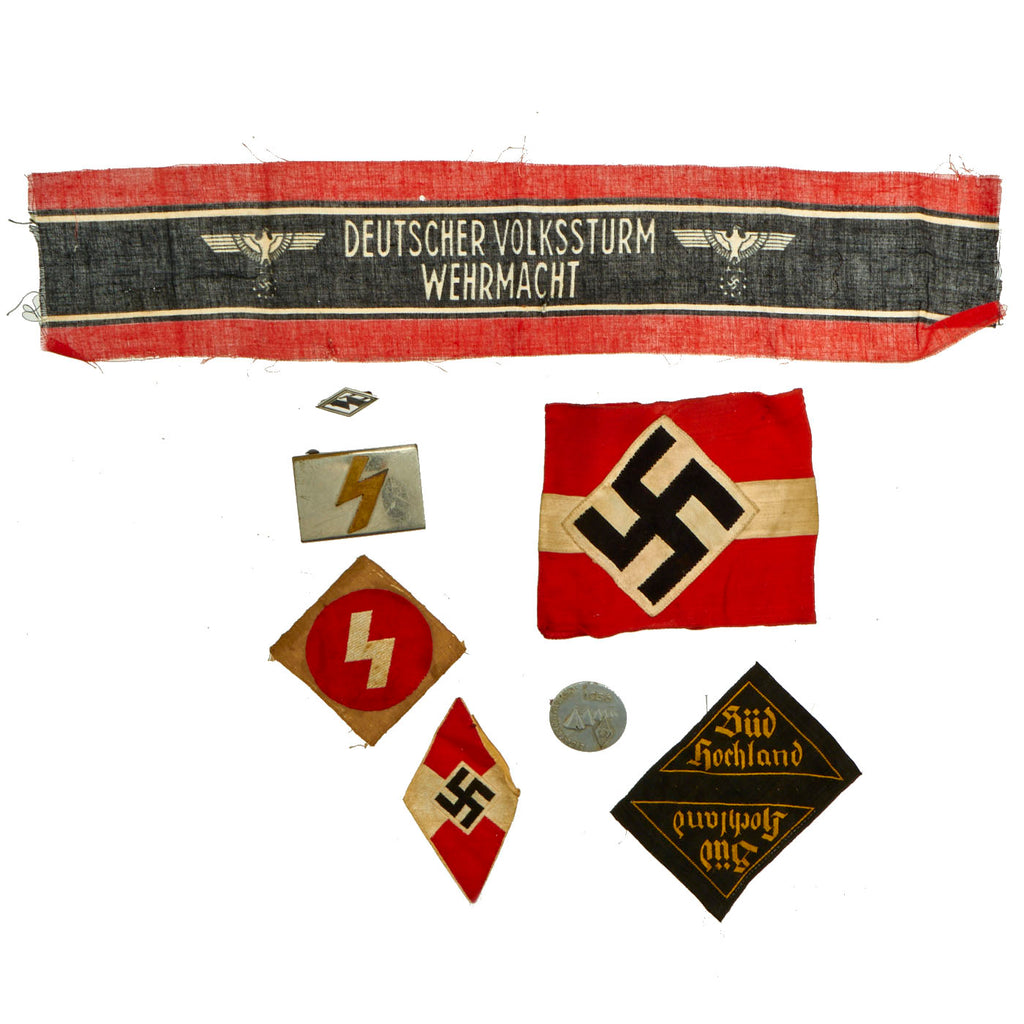 Original German WWII HJ Youth Organization and Volkssturm Buckle, Pin and Cloth Insignia Lot - 8 Items Original Items