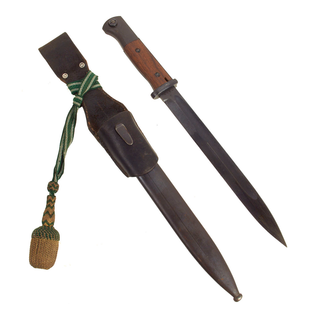 Original German WWII 98k 1944 dated Bayonet by Berg & Co with Scabbard, Frog and Portepee - Matching Serial 4905 e Original Items