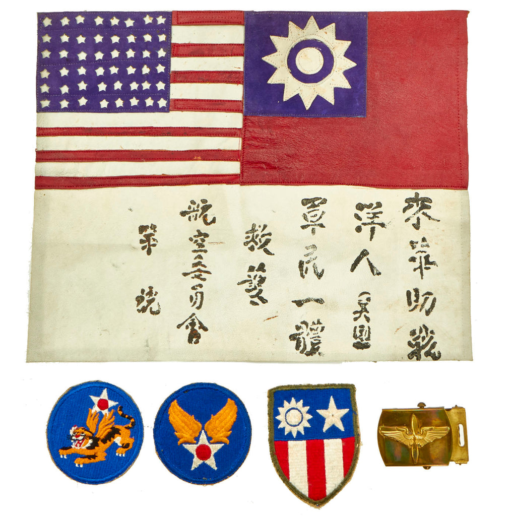 Original U.S. WWII Army Air Forces China-Burma-India Theater Leather Blood Chit Grouping With Patches - 5 Items Original Items