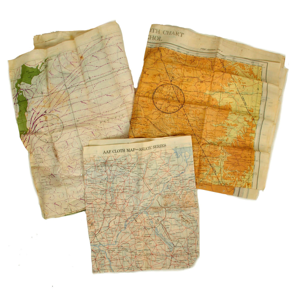Original U.S. WWII Army Air Forces Escape and Evasion “Silk” Map Lot - 3 Items Original Items