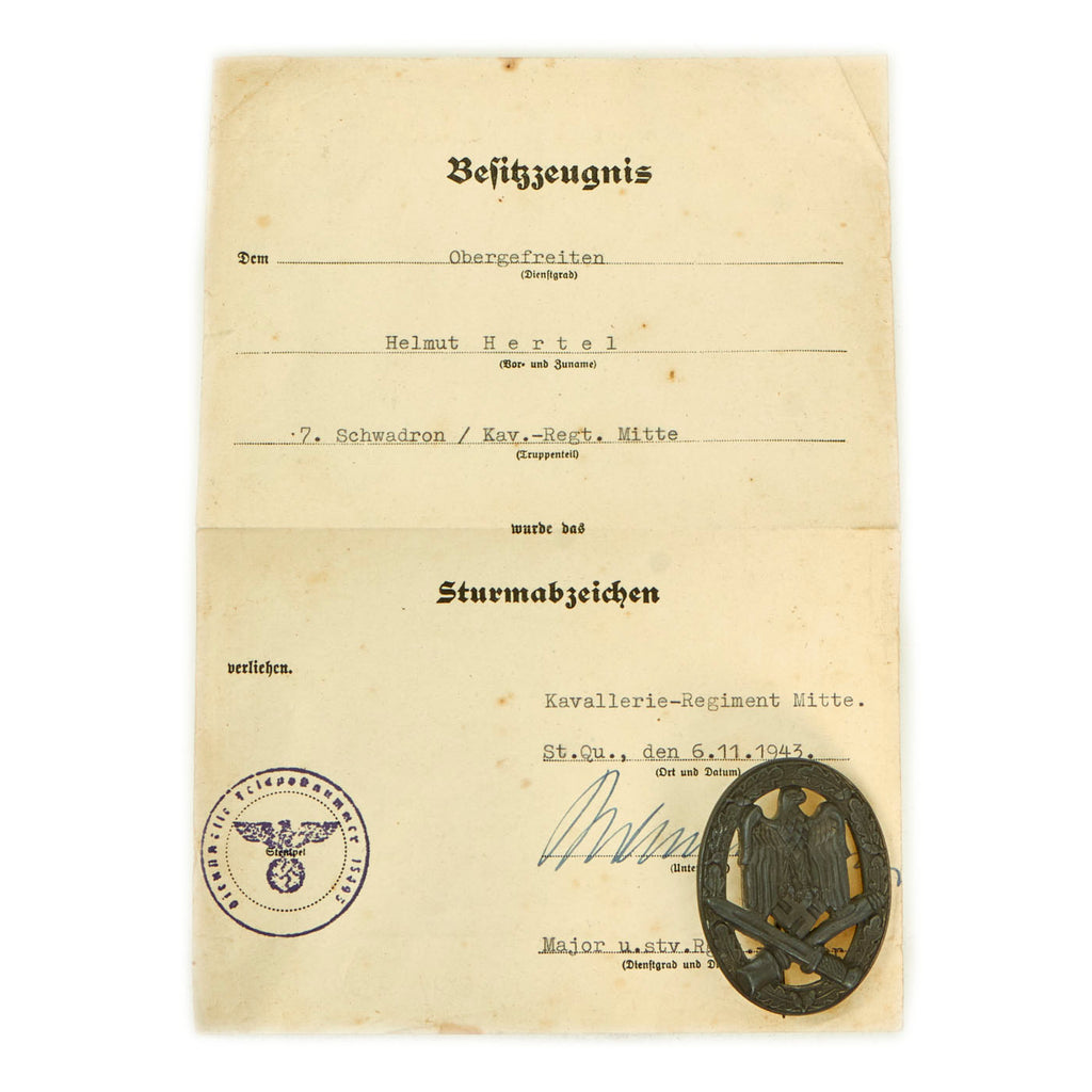 Original German WWII General Assault Badge by Rudolf Souval with Named Award Document Original Items