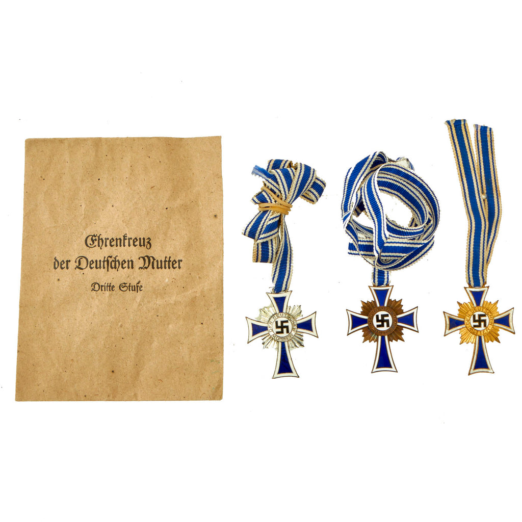 Original German WWII Cased Mother’s Cross Set With Award Envelope - (1) Gold (1) Silver (1) Bronze - Cross of Honor of the German Mother Original Items