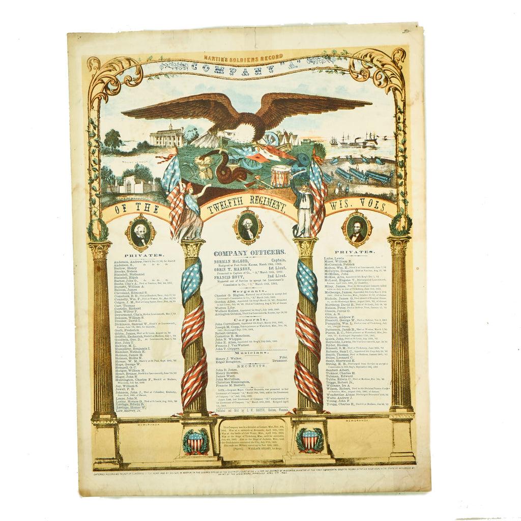 Original U.S. Post Civil War Commemorative Roster of Company A of the 12th Regiment, Wisconsin Volunteer Infantry - 21” x 16” Original Items