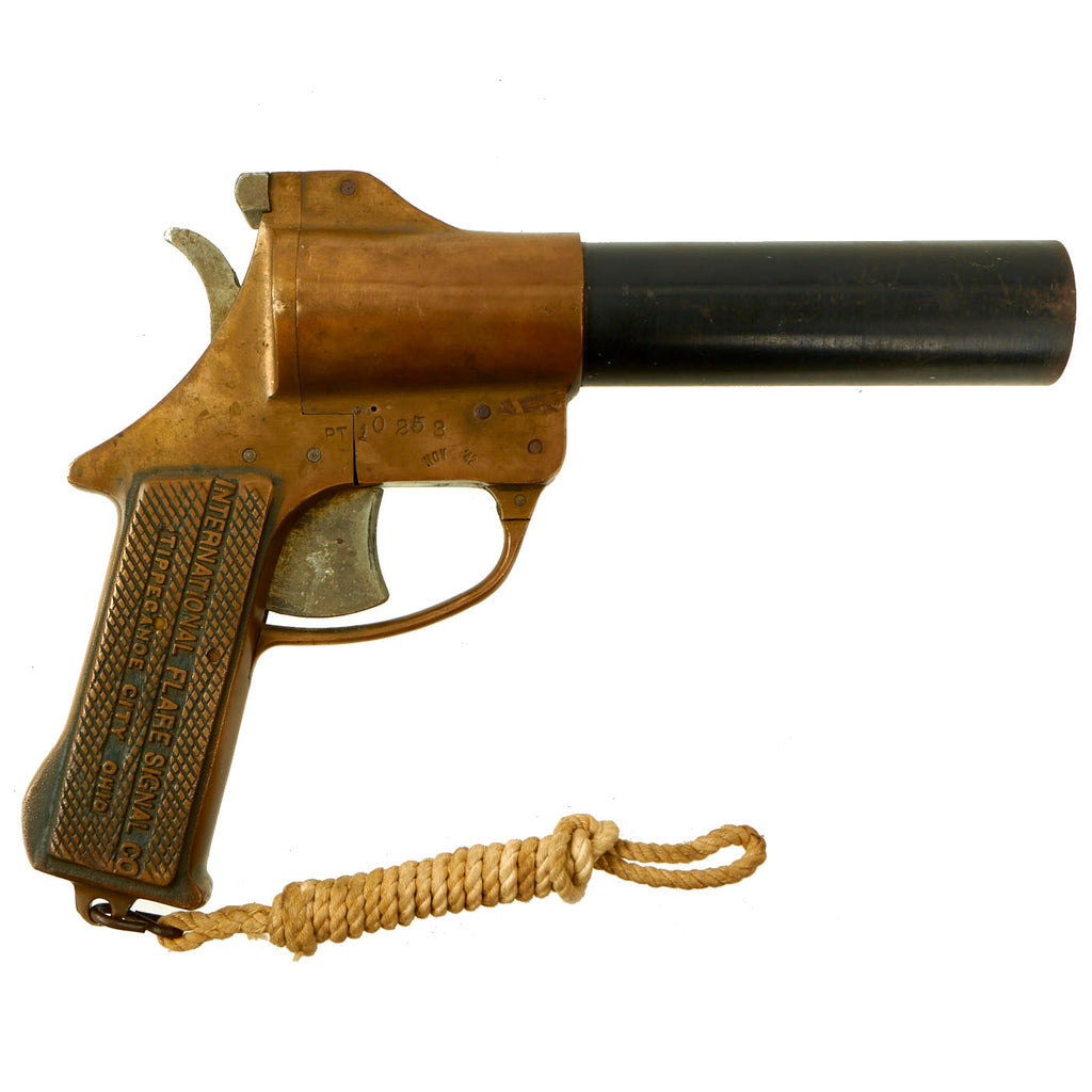 Original U.S. WWII International Flare Signal Company Brass-Framed Pistol with Lanyard - Dated Nov. 1942 Original Items