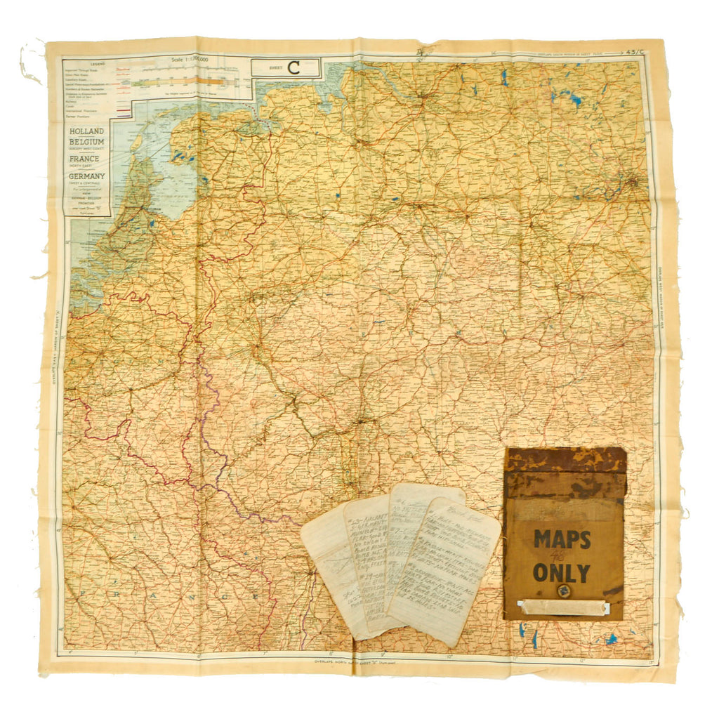 Original U.S. WWII 1943 Color Silk “Escape Map” With “Maps Only” Pouch and Notes By S/Sgt R.M. Rubino Original Items