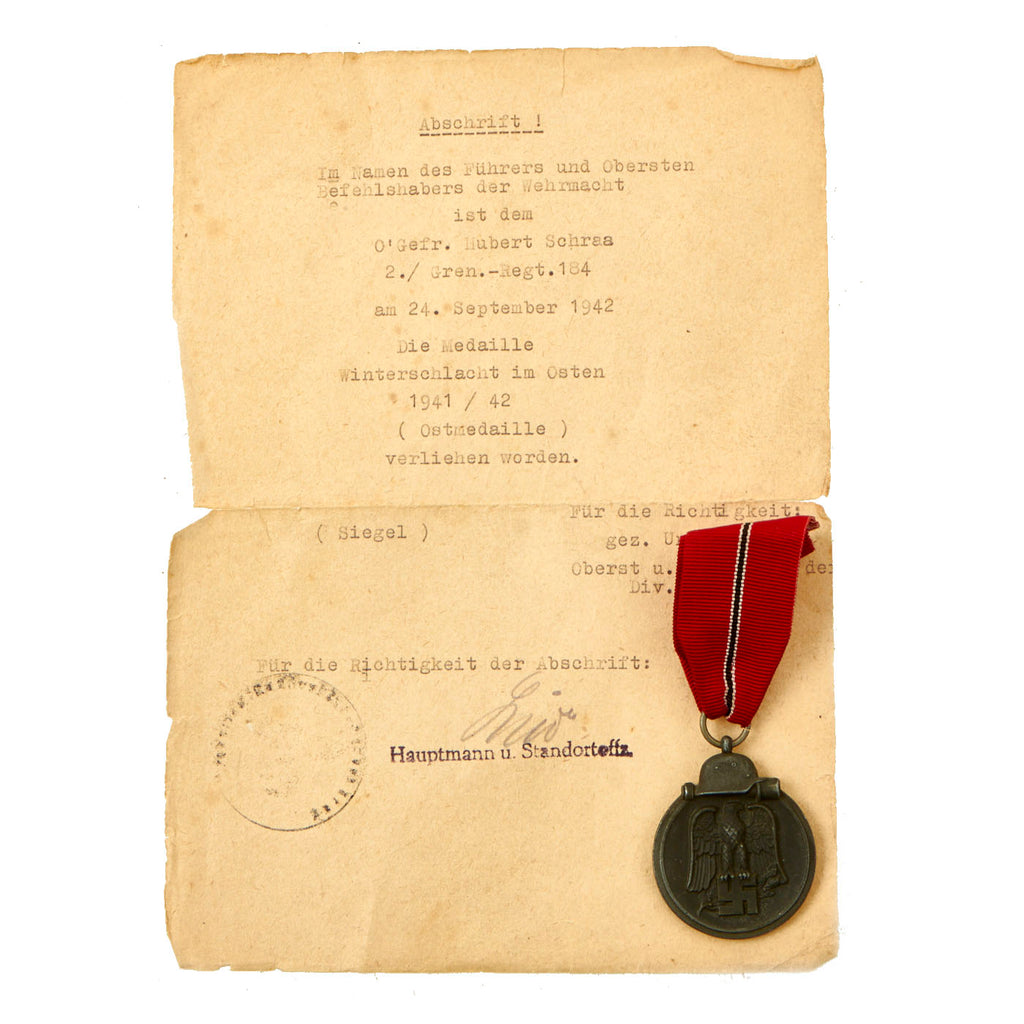 Original German WWII Eastern Front Medal with Named Typed Award Document Dated 1942 Original Items