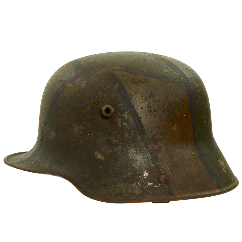 Original Imperial German WWI M16 Stahlhelm Helmet Shell with Panel Camouflage Paint & Liner Band - Marked TJ68 Original Items