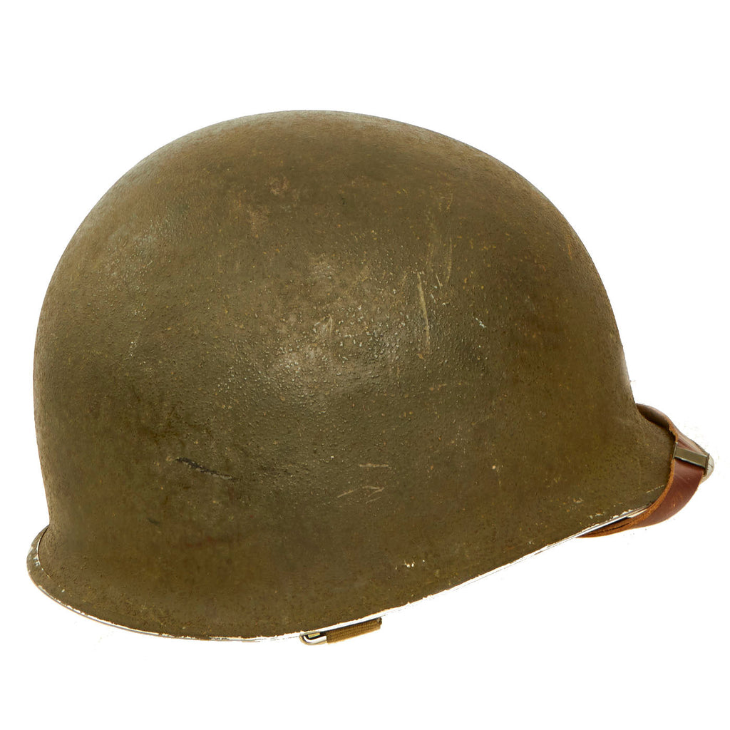 Original U.S. WWII Matched 1943 M1 McCord Fixed Bale Front Seam Helmet with Firestone Tire & Rubber Co Liner, Named To US Navy Seabee Stationed at Pearl Harbor - Complete Original Items