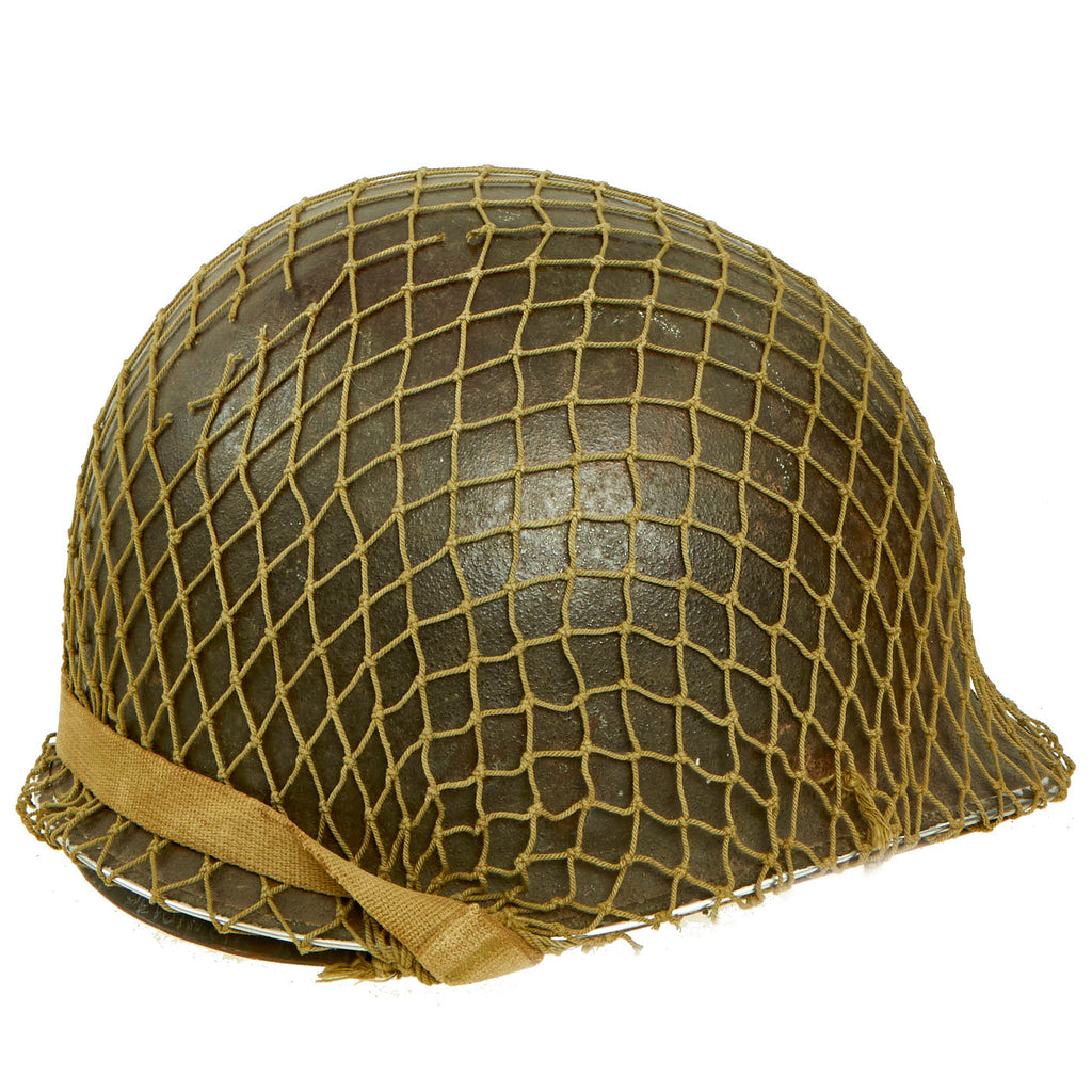 Original U.S. WWII M1 McCord Front Seam Fixed Bale Helmet with Net and 36th Infantry Division Personalized Firestone Liner Original Items