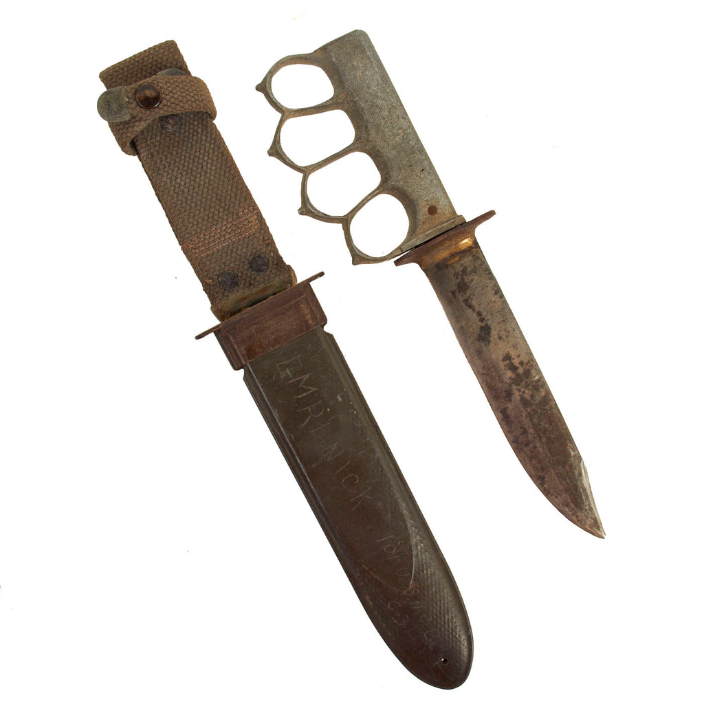 Original U.S. WWII Seabee Theatre Made Knuckle Knife With USN Mk2 Scabbard - 101st US Naval Construction Battalion Original Items