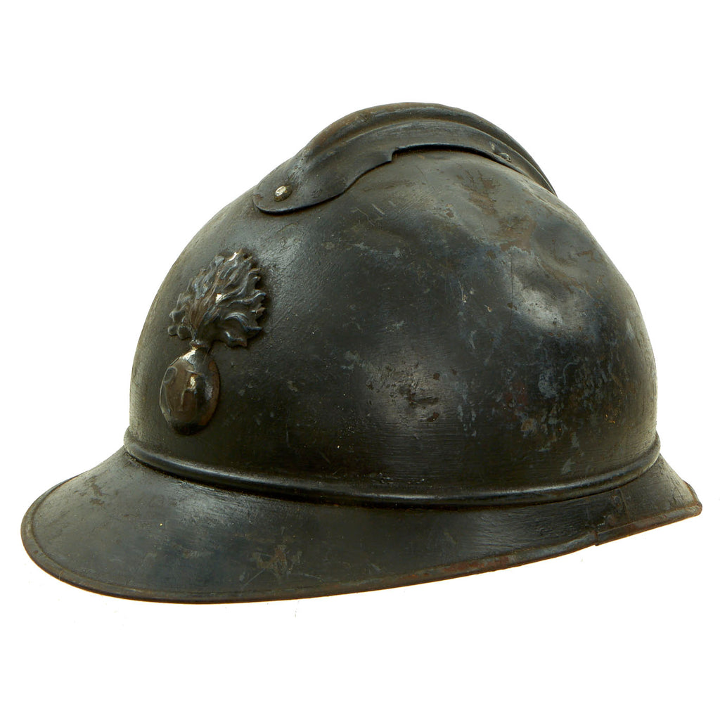 Original French WWI Early Issue Model 1915 Adrian Helmet in Horizon Blue with RF Badge Original Items