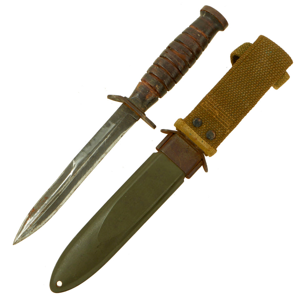 Original U.S. WWII Early Blade Marked M3 Fighting Knife by Kinfolks Inc. with Non Updated M8 Scabbard Original Items