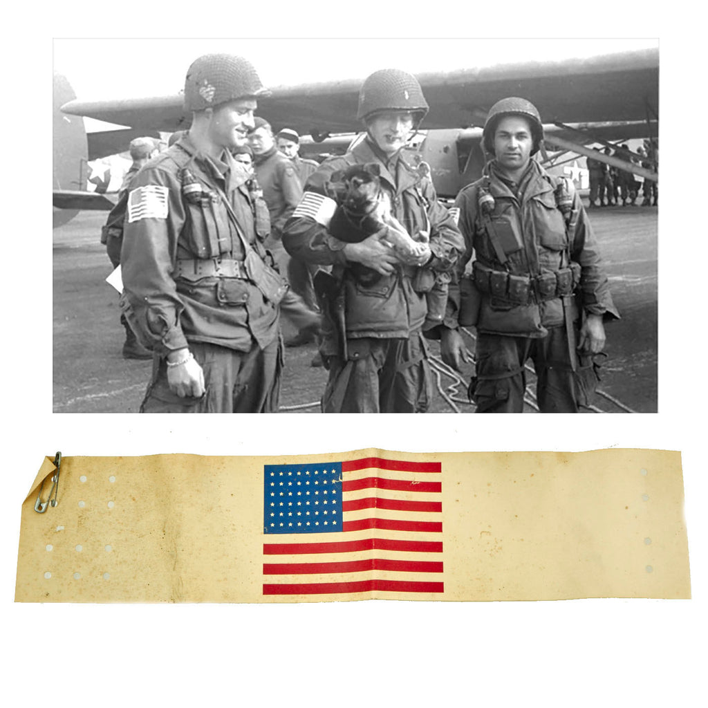 Original U.S. WWII Service Worn Paratrooper D-Day Invasion American Flag Oilcloth Armband with Safety Pins Original Items