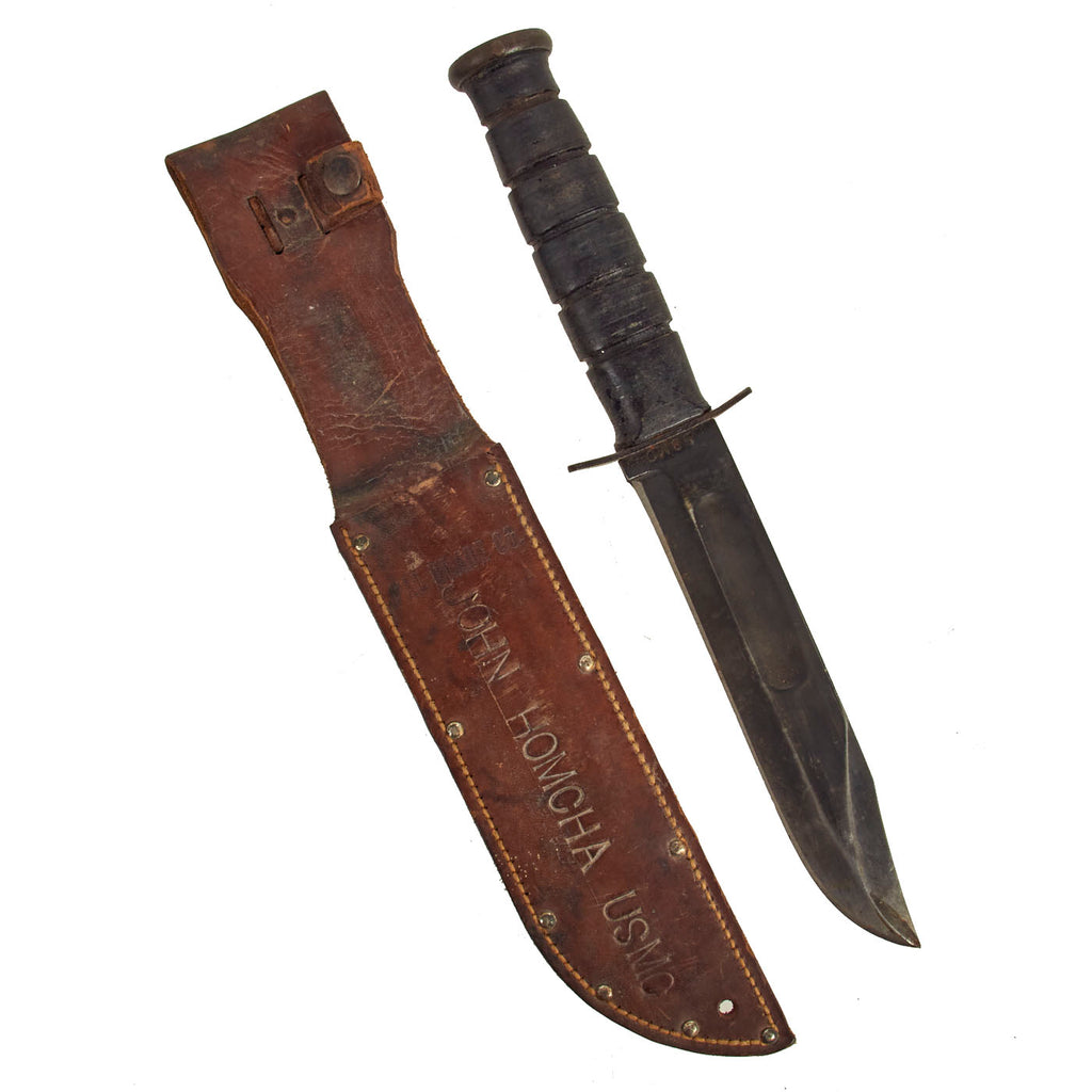 Original U.S. WWII USMC Marked KA-BAR Fighting Knife with PAL Sheath with USMC Stamped Identification Original Items