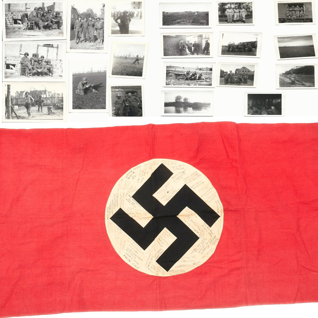 Original German WWII National Flag Signed by 104th Infantry Division with Photos and Patches Original Items