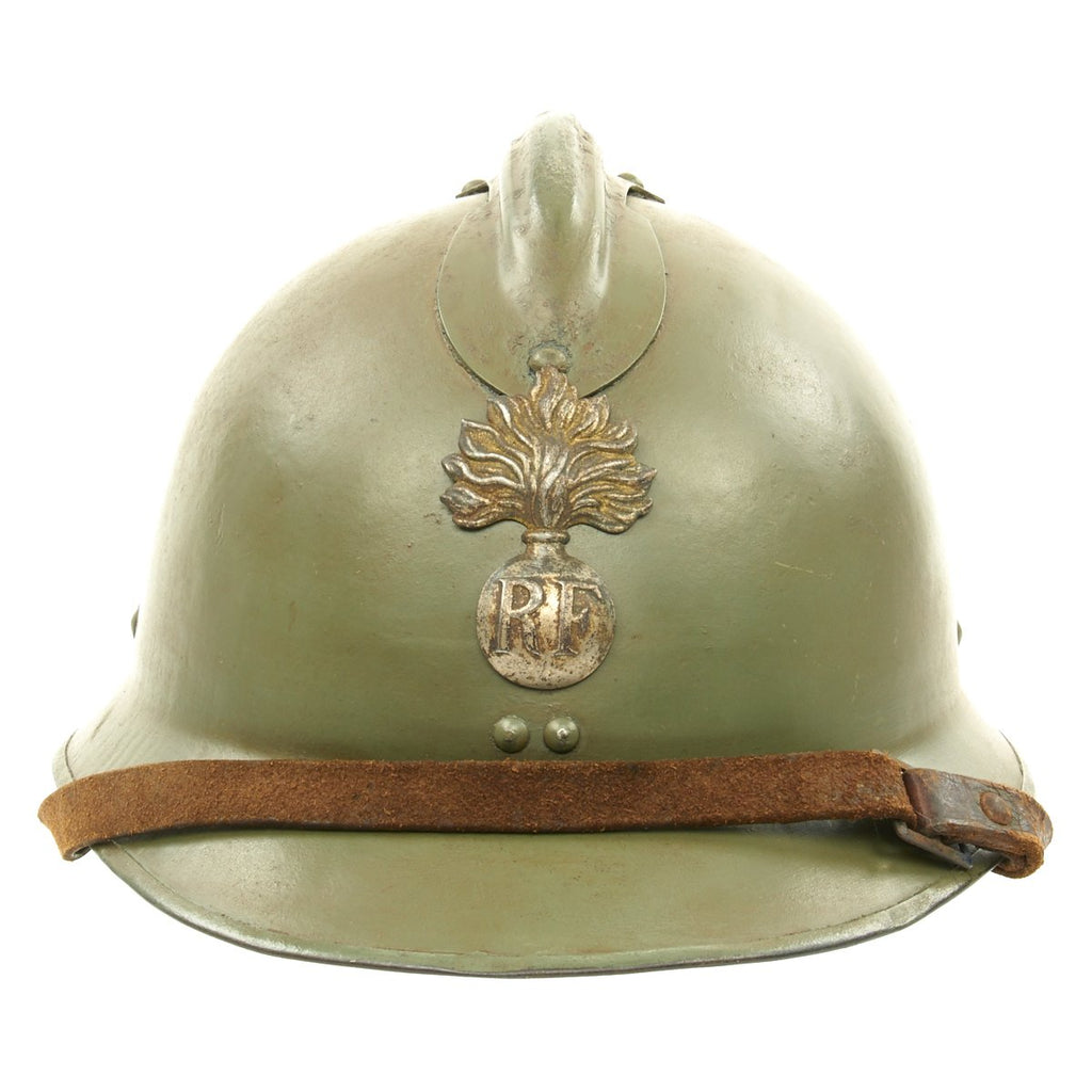 Original French WWII Model 1926 Adrian Infantry Helmet with RF Badge and Chinstrap Original Items